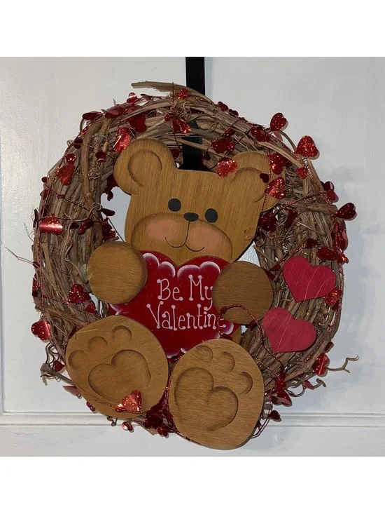 Valentine Bear 14 Inch Grapevine Wreath with Red Hearts