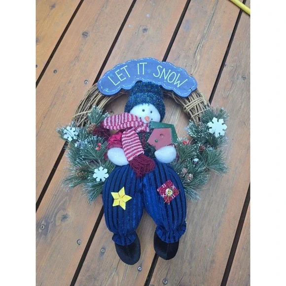 Let It Snow Snowman Grapevine Wreath Christmas Holiday Front Door Decor 16
