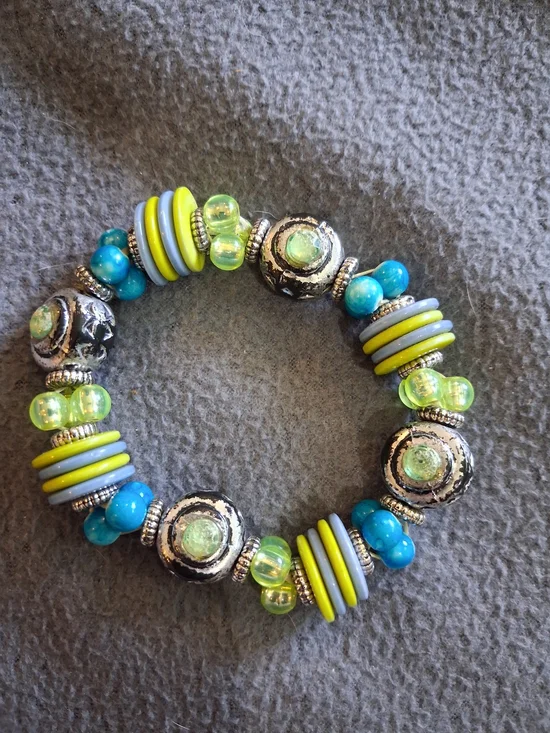 Blue and Lime Beaded Stretch Bracelet
