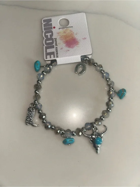Nicole Silver-Tone Beaded Charm Bracelet with Turquoise Accents