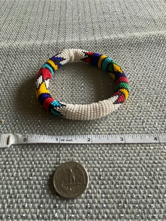 Handmade Beaded Bangle Bracelet - White with Multicolor Pattern