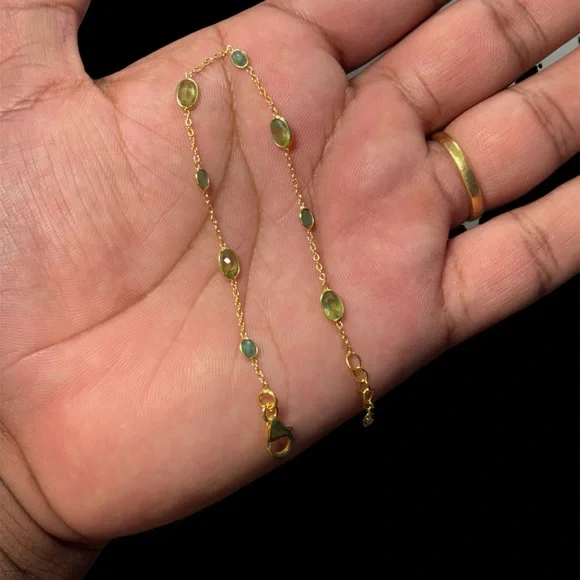 925 Silver 18K Gold Plated Peridot & Emerald Bracelet 8” Adjustable 7”