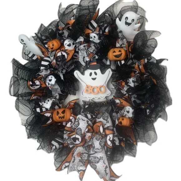 Ghost Wreath, Haunted House‎ Prop, Spooky Door Decor, Halloween Decor Pumpkin