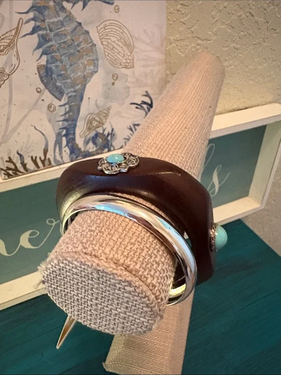 Handcrafted Brown wood Bangle with Turquoise Accents