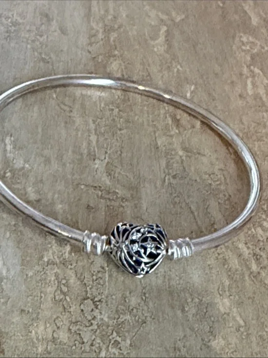 Pandora Sterling Silver Heart Charm Bangle - Silver