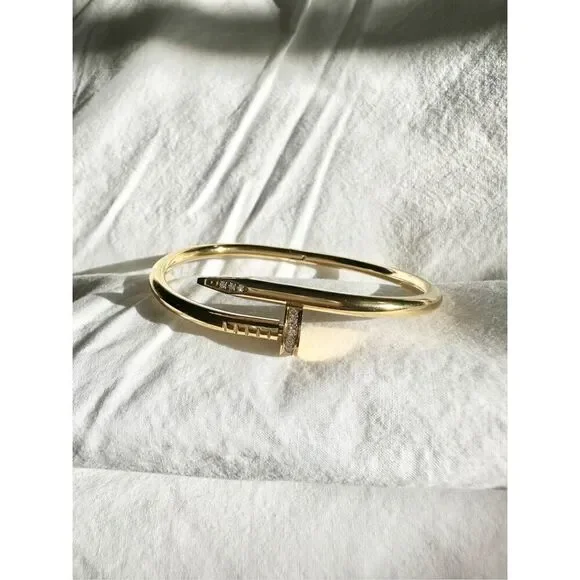 Stainless steel gold color cubic zirconia nail bracelet ￼