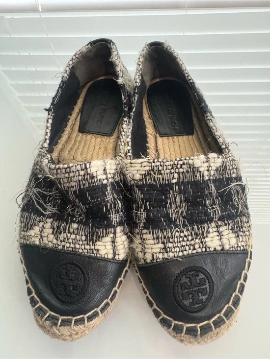 Tory Burch Tweed Leather Espadrille Flat Loafers Black White Color Block Sz 6.5