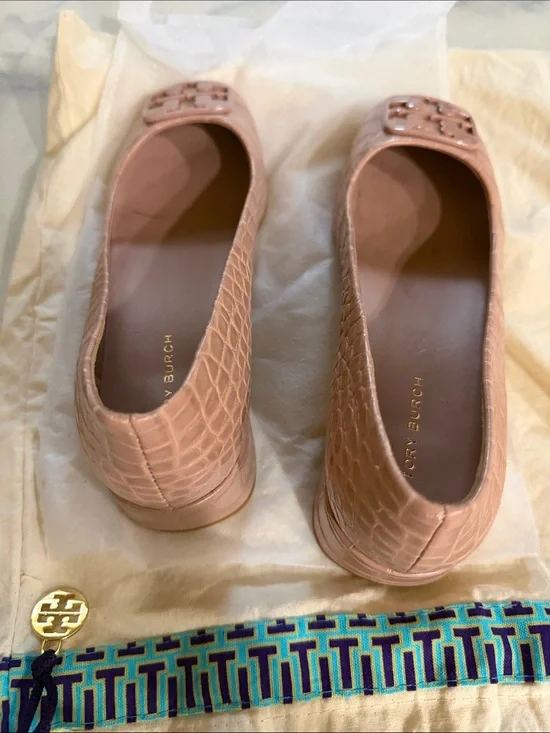 Tory Burch Blush Quilted Leather Ballet Flats with Logo Plaque