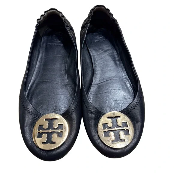 Tory Burch Reva Ballet Flats Black Leather Gold Medallion Logo Size 9