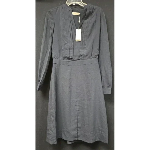 Tory Burch Navy Blue Pencil Dress Size 6 Long Sleeve Midi Pleated Neck New NWT