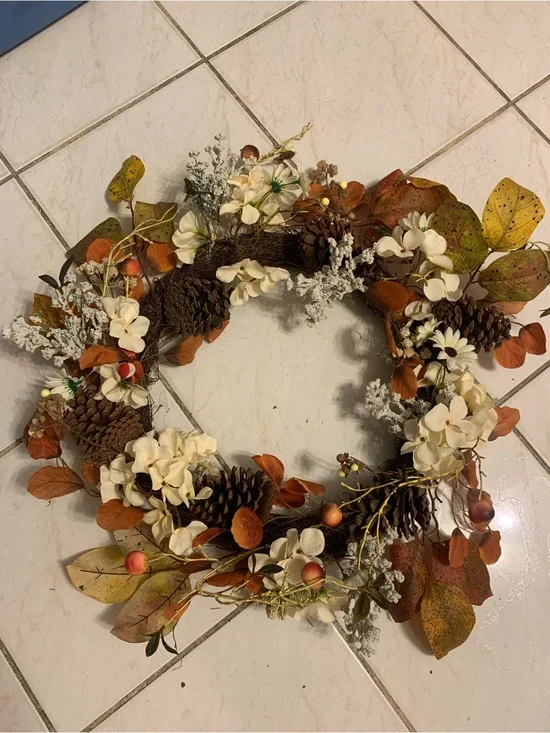 Neutral & Orange Autumn Floral Wreath - Home Holiday