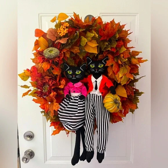 New Hand Crafted Fall Halloween Black Sitting Cats Wreath Pumpkins Halloween  Lg