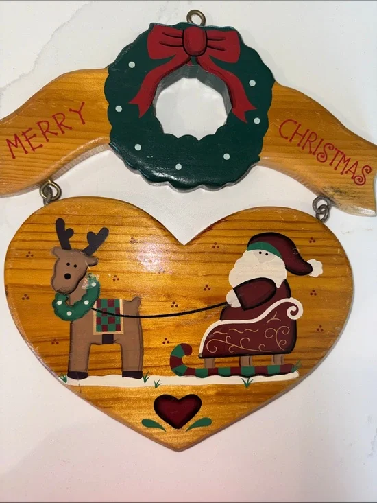 Vintage Hand Painted Holiday Heart Wall Hanging - Merry Christmas