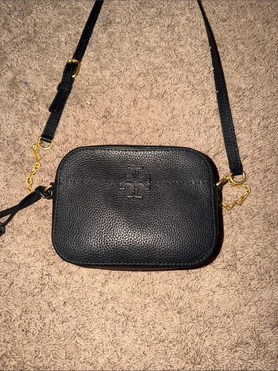 Tory Burch Black Pebbled Leather Camera Crossbody with Gold Hardware