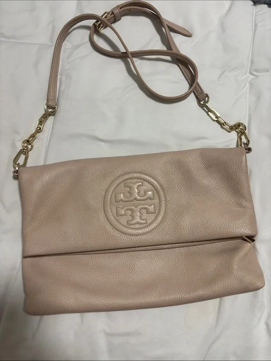 Tory Burch Blush Pink Pebbled Leather Foldover Crossbody with Gold Chain