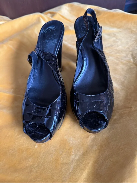 Tory Burch Black Patent Croc-Embossed Peep-Toe Slingback Heels