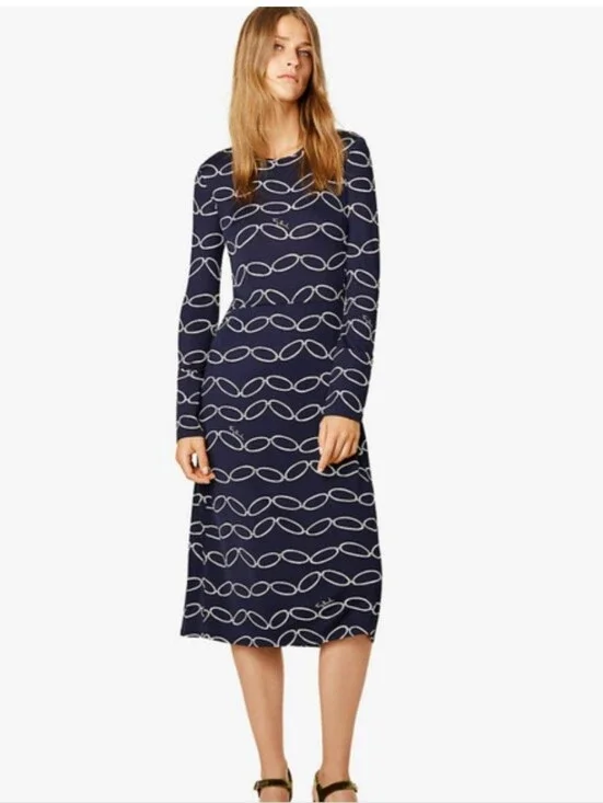Tory Burch Giovanna Navy Cream Elliptical Link Dress Long Midi Stretch Silk S