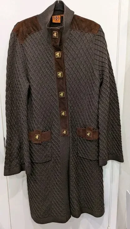 $600 TORY BURCH Tweed Wool Knit Suede Trim Gold Turn Lock Buttons Sweater Coat L