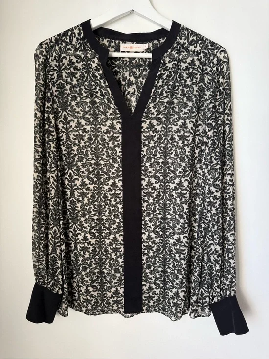 Tory Burch Melissa Paisley Tunic Blouse Black Cream 8