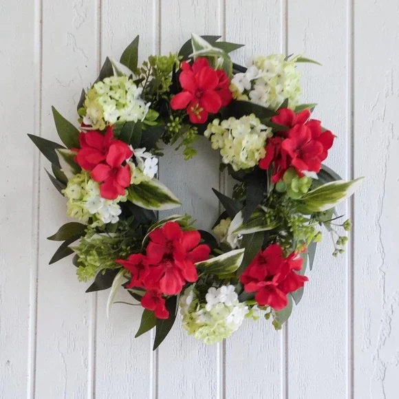Small Red Geranium Wreath, Spring Summer, Housewarming Gift, Cabinet Wreath