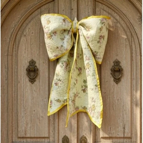 Floral Quilted Bow‎ Door Hanger Wall Decor Yellow Trim Large Fabric Accent