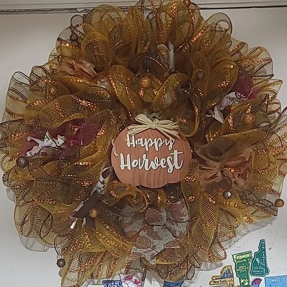 Happy Harvest gold orange brown Holiday wreath decoration shimmery tulle