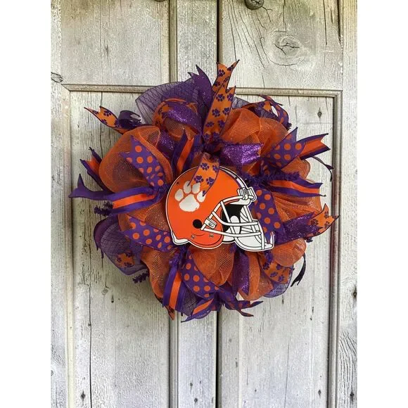 Clemson Tiger Front Door Wreath • 20x20 • Wooden Helmet • Orange & Purple