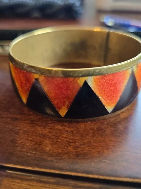 Vintage Brass Geometric Triangle Bangle Black & Orange Enamel Boho GUC Bohemian