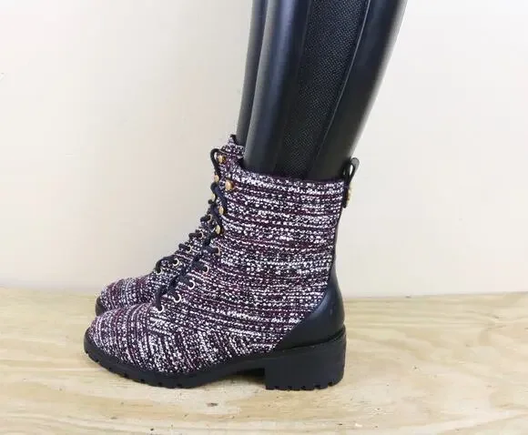New Tory Burch Boots 7.5M Purple Tweed Leather Miller Combat Ankle Shoes