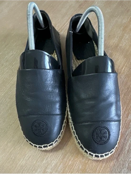 Tory Burch Black Leather Espadrille Slip-Ons