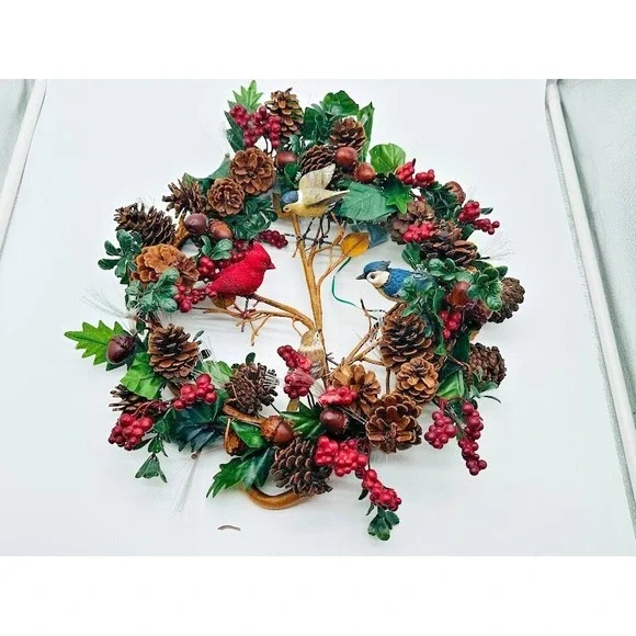 Lighted Christmas Wreath‎ Birds Pinecones Berries Rustic Holiday Wall Door Decor