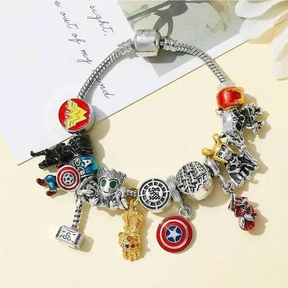 Silver Marvel Avengers Spiderman Characters Themed Loaded Charm Bracelet