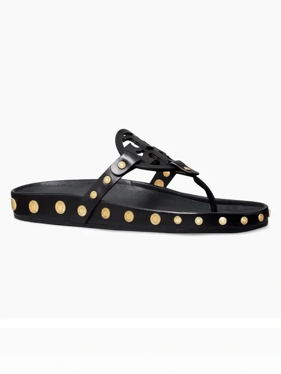 Tory Burch Black Leather Thong Sandal with Gold Studs