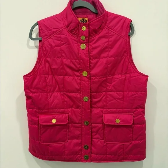 TORY BURCH Pink Quilted Puffer Sleeveless Jacket Vest  Gold LOGO Snap Buttons XL