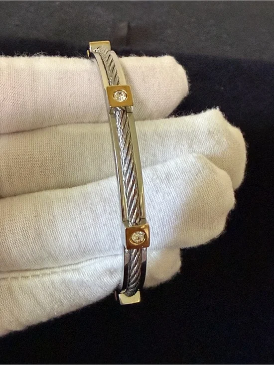 Chisel Stainless Steel Two-Tone Cable Bracelet with Crystal Accents