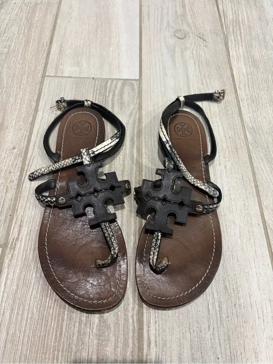 Tory Burch Brown Leather Sandals with Black Logo and Snake-Print Straps