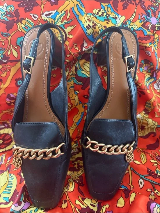Tory Burch Black Leather Slingback Mules with Gold Chain Accent