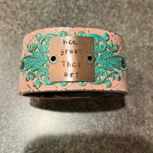 How Great Thou Art Pink Leather Cuff Bracelet with Turquoise Accent
