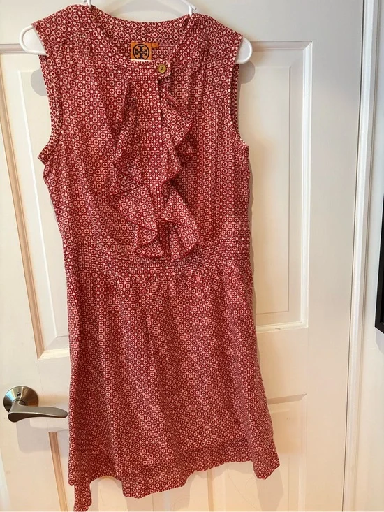 Tory Burch Red Geometric Ruffle Midi Dress
