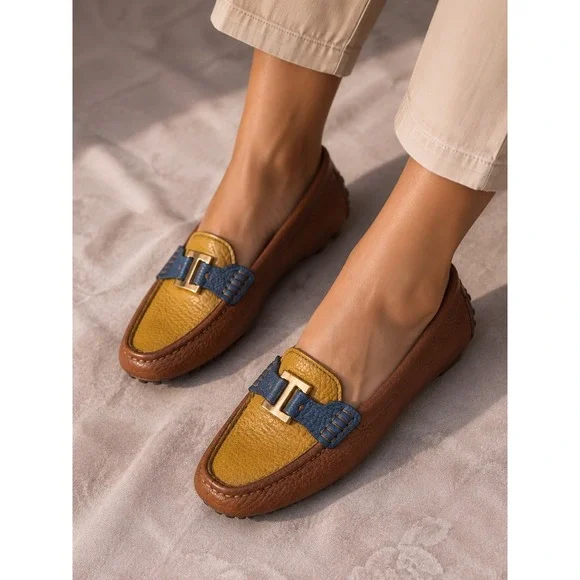 Tory Burch Colorblock Pebbled Leather Driving Loafers Brown Yellow Blue 6M