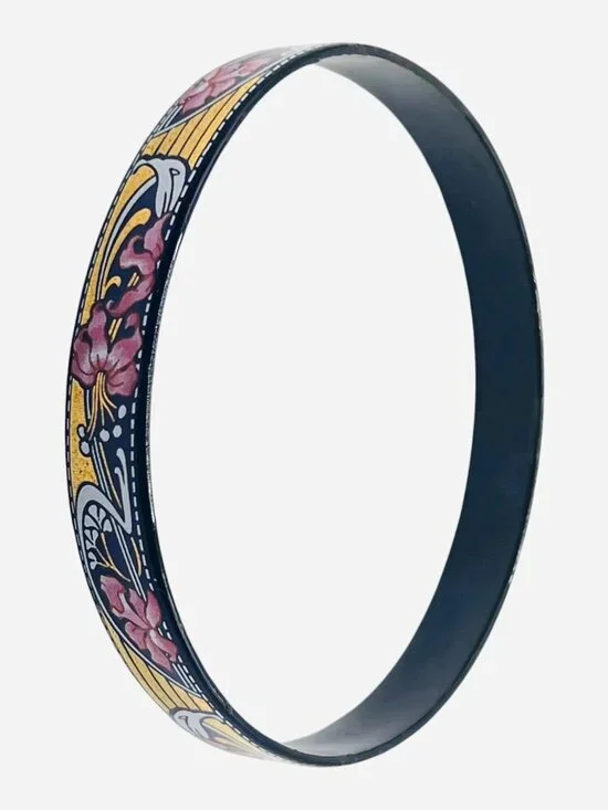Arta Austria Enamel Bangle – Black, Pink, Gold Floral – Artisan Vintage Bracelet