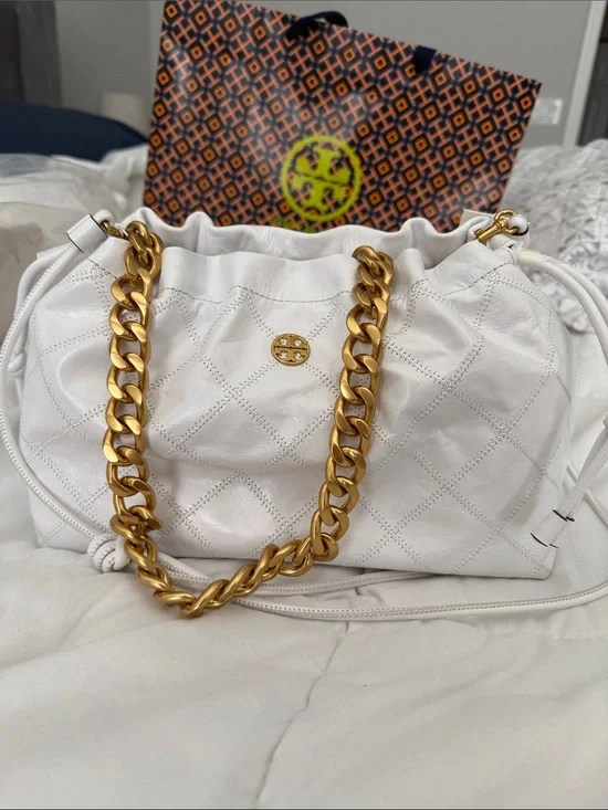 Tory Burch White Quilted Leather Shoulder Bag with Gold Chain Strap