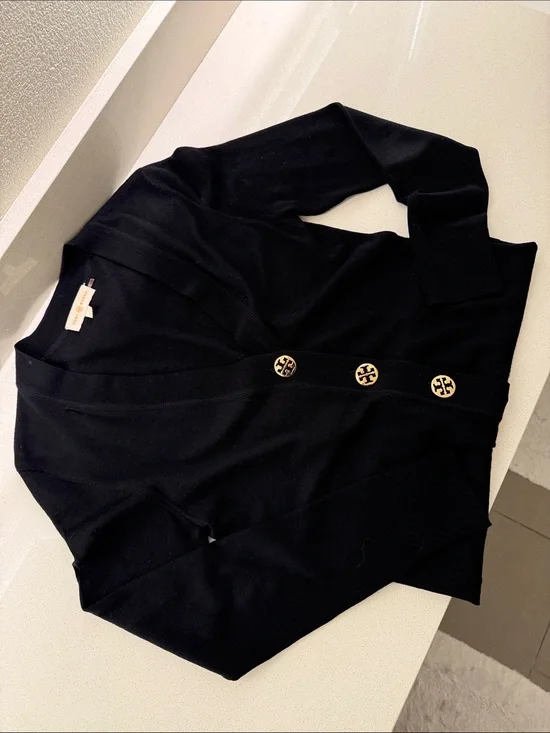 Tory Burch Black Cardigan with Gold Logo Buttons Size Small