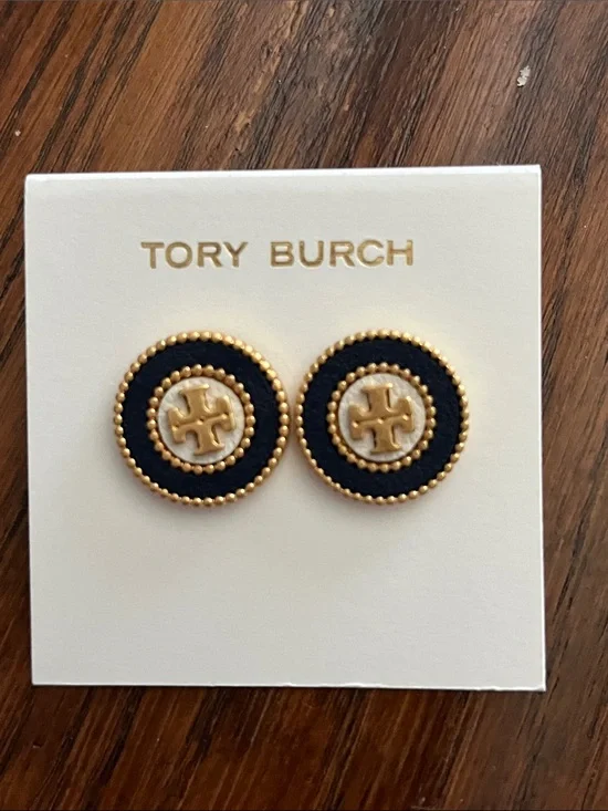 Tory Burch Gold and Navy Blue Round Logo Stud Earrings