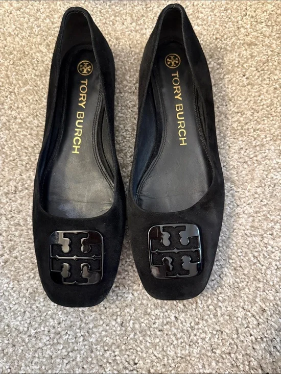 Tory Burch Black Suede Logo Square-Toe Ballet Flats