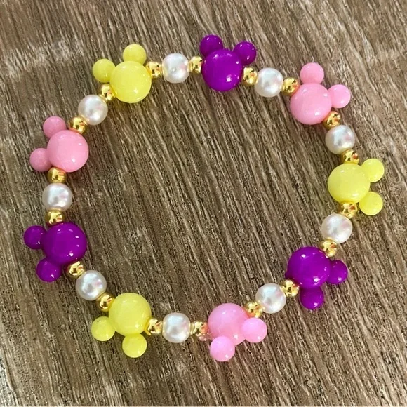 Beaded Stretch Bracelet w/ Pink, Yellow & Purple Mickey Mouse Charms and Pearls!