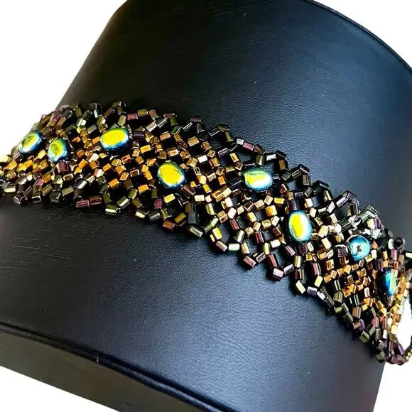 Iridescent Czech Bead Handwoven Bracelet in Gift Box