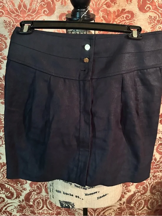 Tory Burch Black Linen Pencil Skirt with Gold Front Buttons