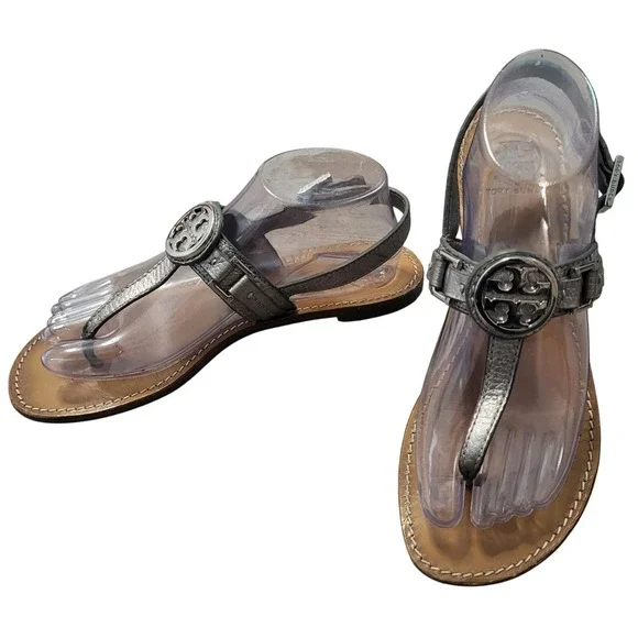 Tory Burch size 8 Metallic Silver Pewter Leather Ankle Strap Sandals Flat Logo