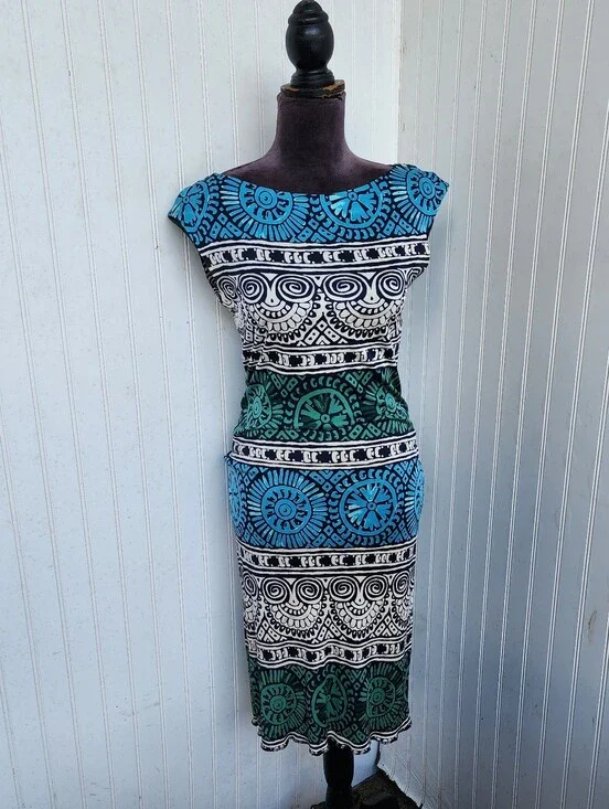 Tory Burch Medallion Print Cap Sleeve Silk Shift Dress Blue Green Stripe XS